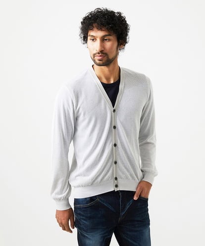 MICHEL KLEIN HOMME(ミッシェルクランオム) ダイアゴナル柄ニットカーディガン ライトグレー/灰 46