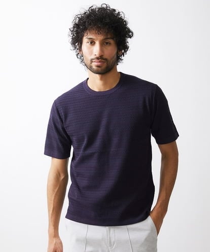MICHEL KLEIN HOMME(ミッシェルクランオム) ボーダー柄半袖ニットカットソー ネイビー/紺 46
