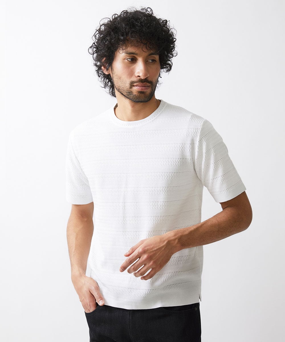 MNFGX55200 MICHEL KLEIN HOMME(ミッシェルクラン オム) ボーダー柄半袖ニットカットソー ホワイト