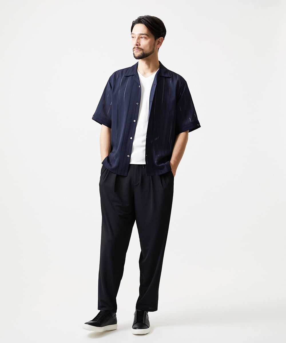 MNHJD64250 MICHEL KLEIN HOMME(ミッシェルクラン オム) サッカーストライプ織りワイドパンツ ブラック
