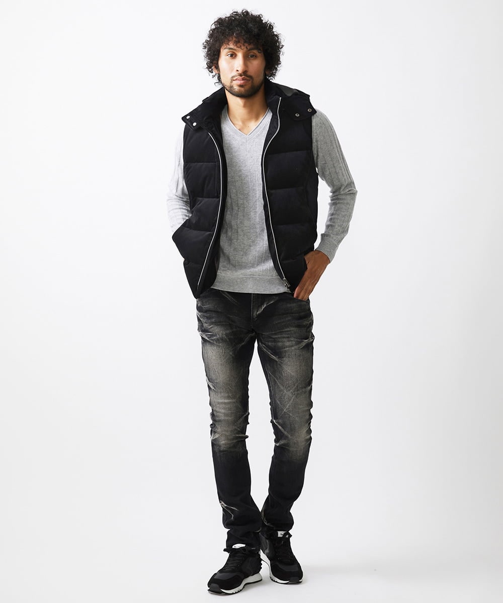 MNJAA56490 MICHEL KLEIN HOMME(ミッシェルクラン オム) トリコットベロアダウンベスト セットアップ ブラック