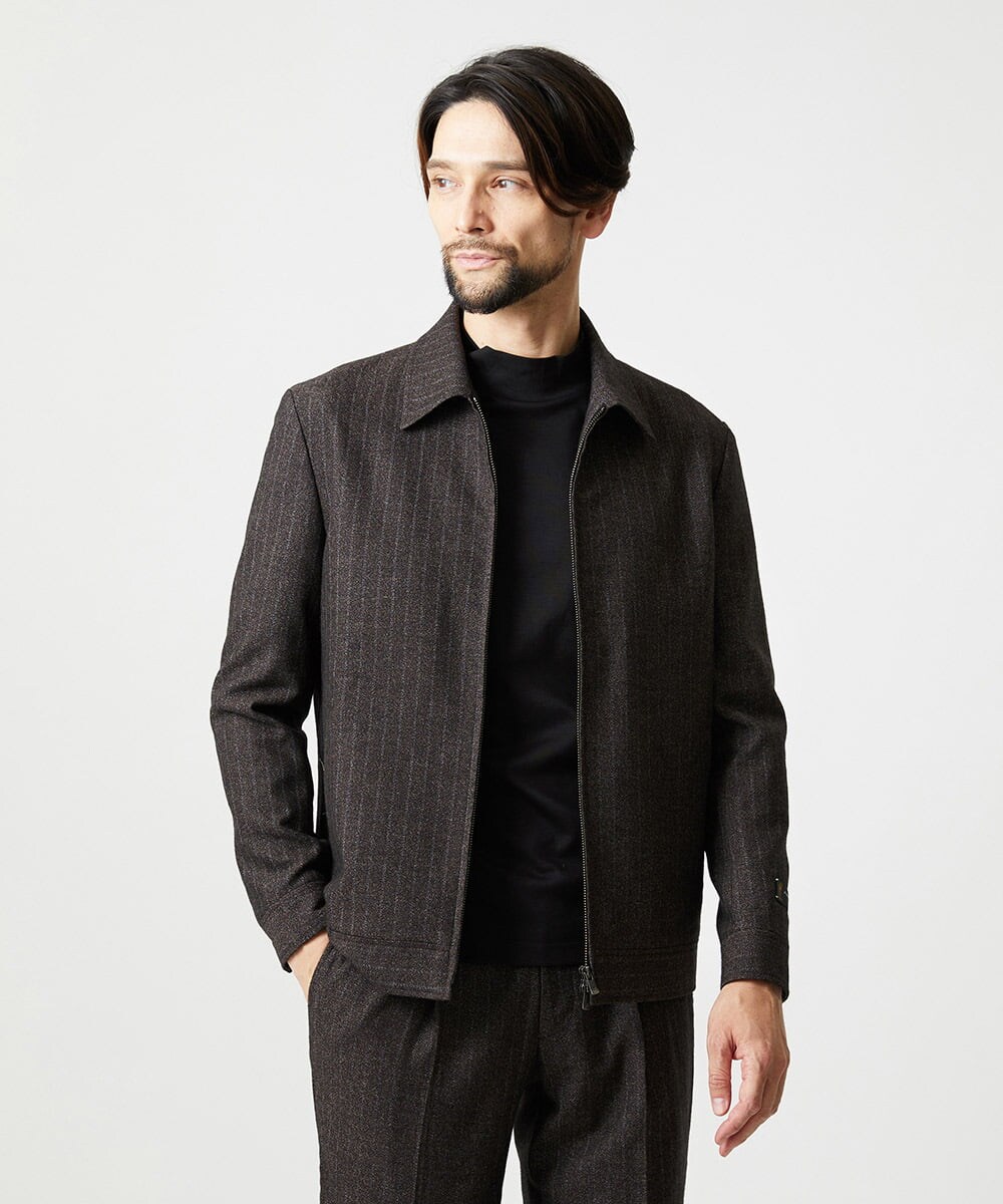MNJAI53530 MICHEL KLEIN HOMME(ミッシェルクラン オム) ストライプ柄ウールコットンジップブルゾン ブラウン