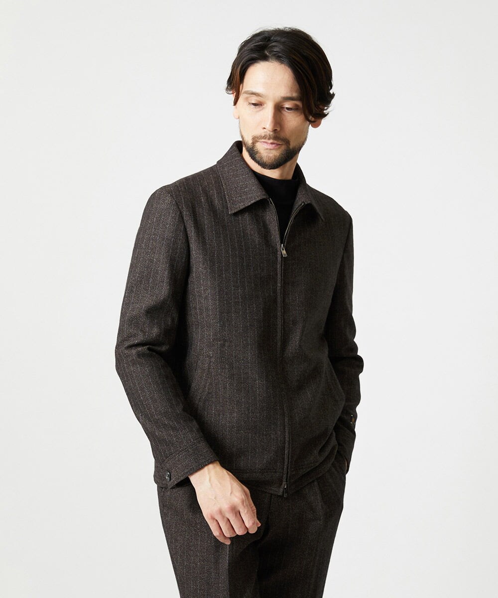 MNJAI53530 MICHEL KLEIN HOMME(ミッシェルクラン オム) ストライプ柄ウールコットンジップブルゾン ブラウン