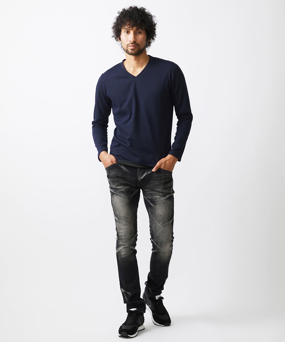 MNKAA53190 MICHEL KLEIN HOMME(ミッシェルクラン オム) 《日本製》千鳥柄Vネック長袖カットソー ネイビー