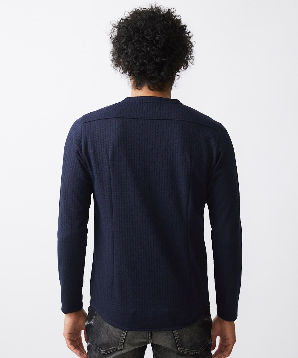 MNKAA53190 MICHEL KLEIN HOMME(ミッシェルクラン オム) 《日本製》千鳥柄Vネック長袖カットソー ネイビー