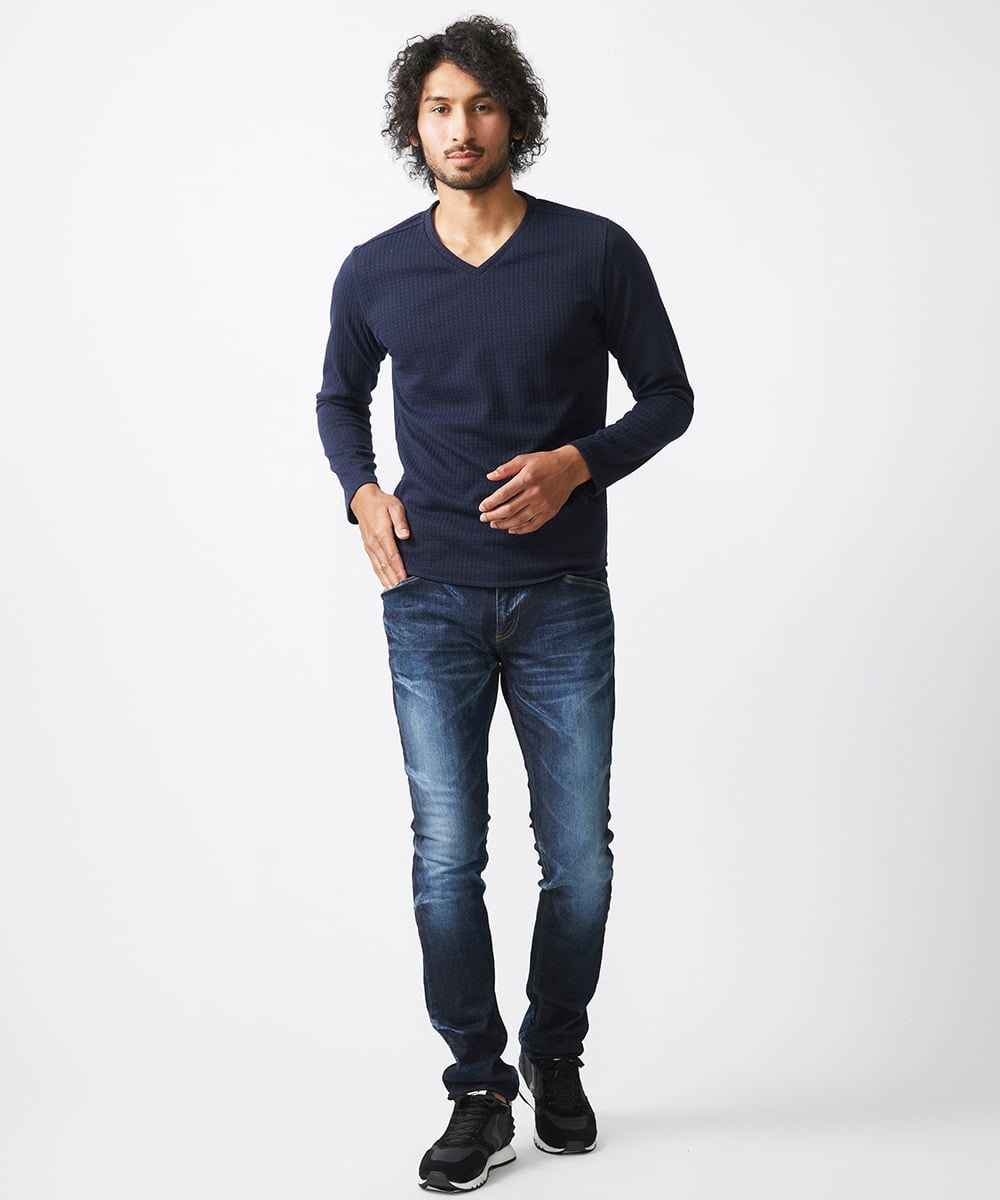 MNKAA53190 MICHEL KLEIN HOMME(ミッシェルクラン オム) 《日本製》千鳥柄Vネック長袖カットソー ネイビー