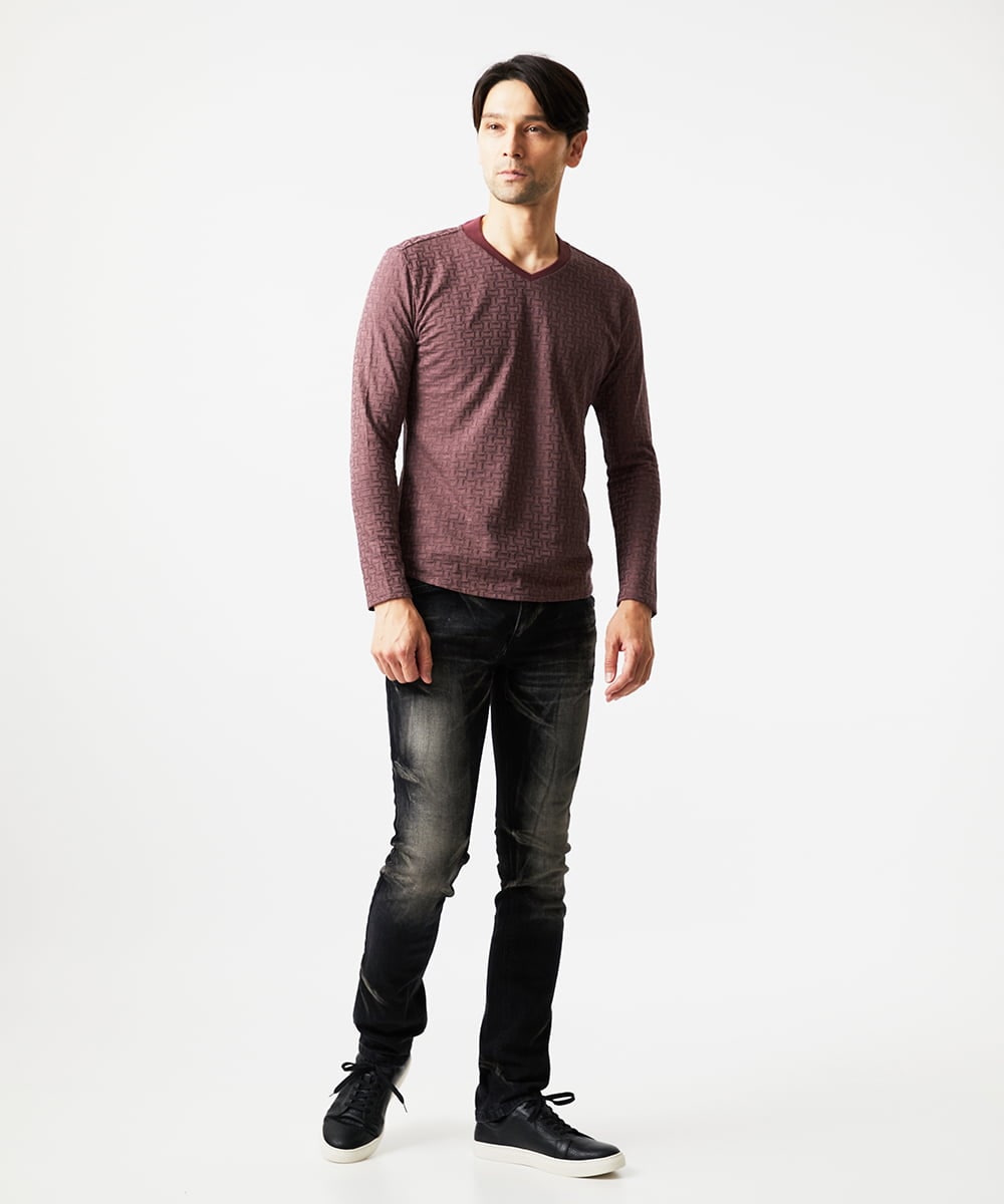 MNKAF60150 MICHEL KLEIN HOMME(ミッシェルクラン オム) 《日本製》レンガ柄Vネック長袖カットソー レッド