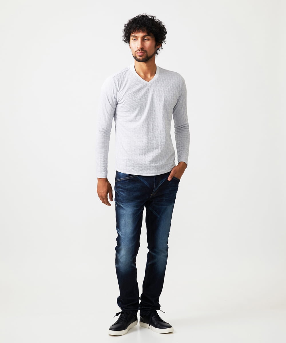 MNKAF60150 MICHEL KLEIN HOMME(ミッシェルクラン オム) 《日本製》レンガ柄Vネック長袖カットソー ライトグレー