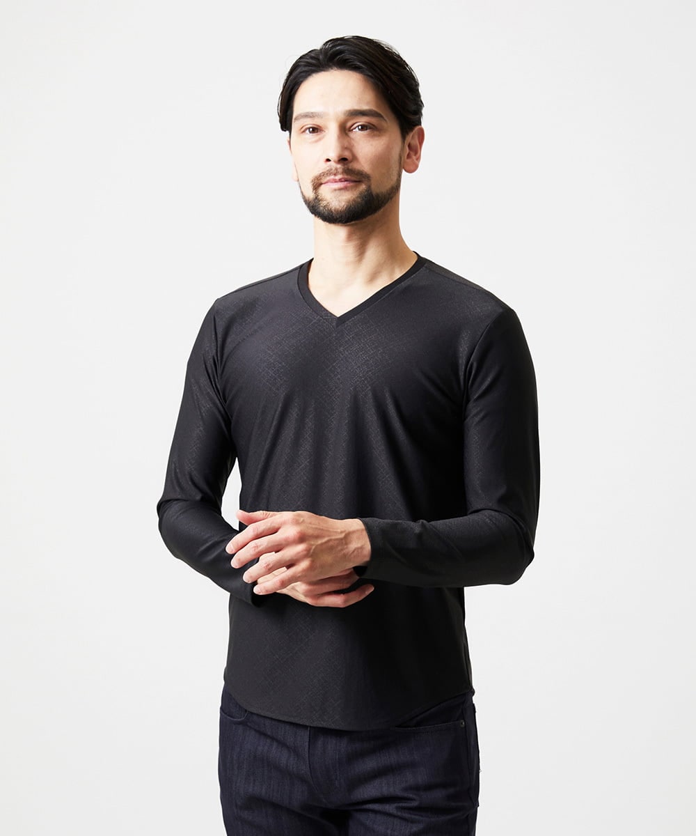 MNKCD52190 MICHEL KLEIN HOMME(ミッシェルクラン オム) 《日本製》バイアスチェック柄Vネック長袖カットソー ブラック