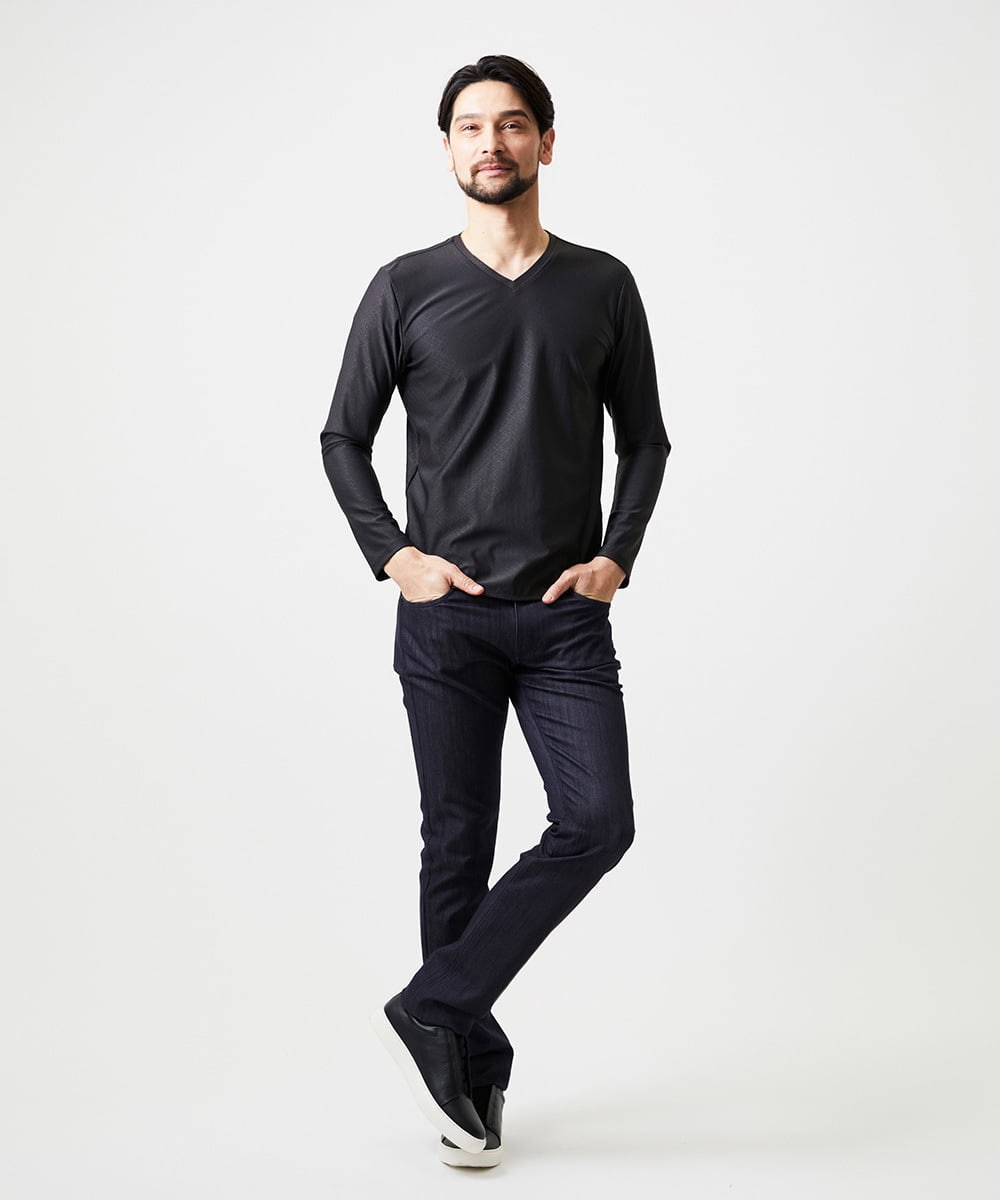 MNKCD52190 MICHEL KLEIN HOMME(ミッシェルクラン オム) 《日本製》バイアスチェック柄Vネック長袖カットソー ブラック