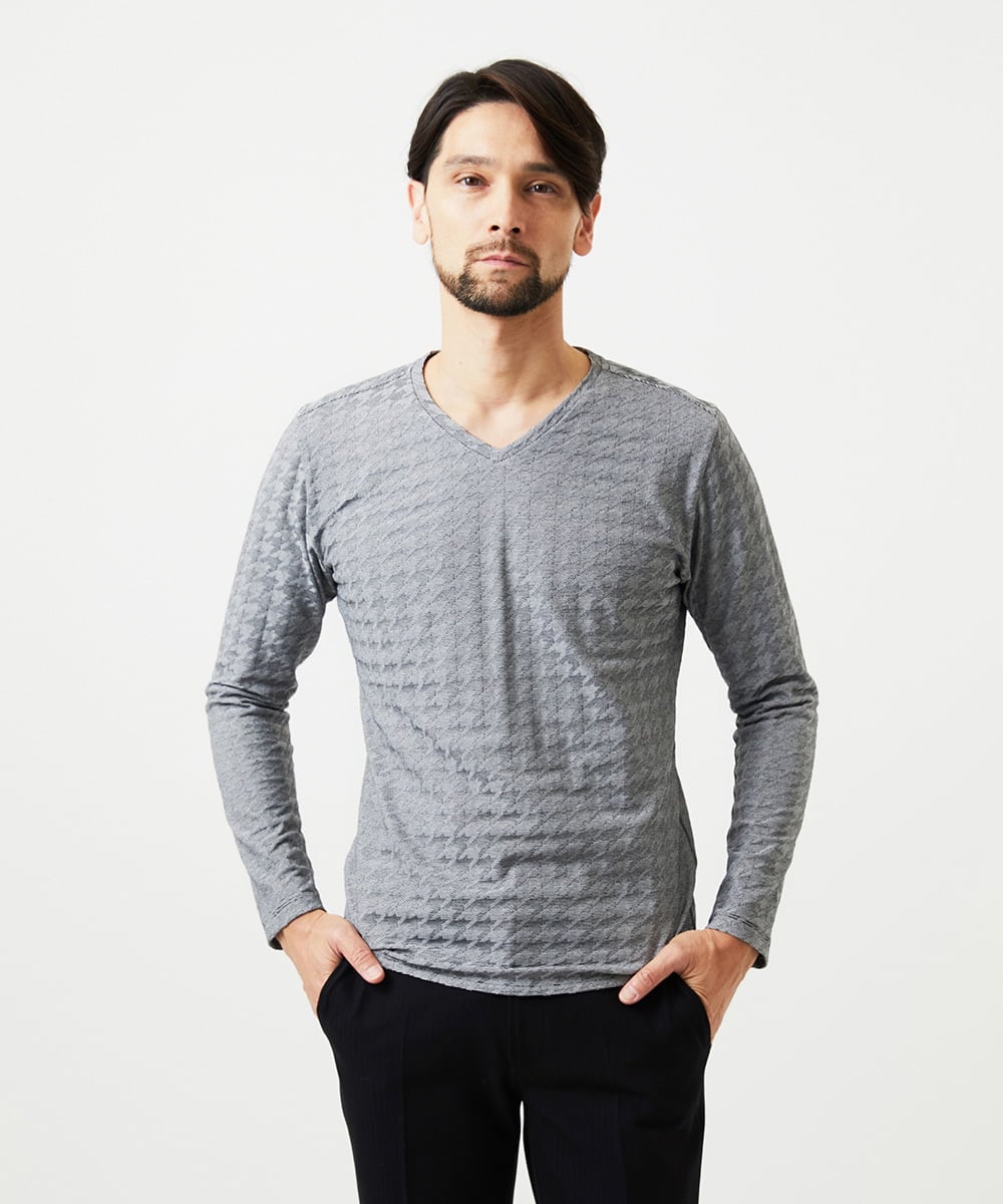 MNKDF50150 MICHEL KLEIN HOMME(ミッシェルクラン オム) チドリ柄Vネックカットソー ダークグレー