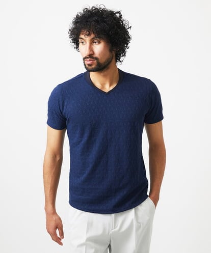 MICHEL KLEIN HOMME(ミッシェルクランオム) 《日本製》リンクスVネック半袖カットソー ネイビー/紺 44