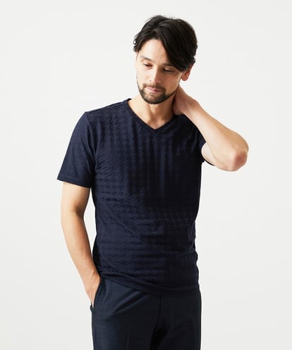 MNKGF60150 MICHEL KLEIN HOMME 《日本製》千鳥リンクスVネック半袖カットソー