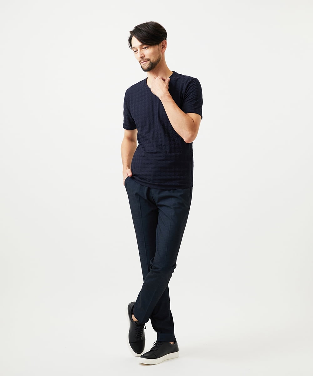 MNKGF60150 MICHEL KLEIN HOMME(ミッシェルクラン オム) 《日本製》千鳥リンクスVネック半袖カットソー ネイビー