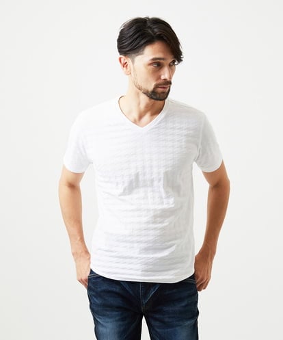 MNKGF60150 MICHEL KLEIN HOMME 《日本製》千鳥リンクスVネック半袖カットソー