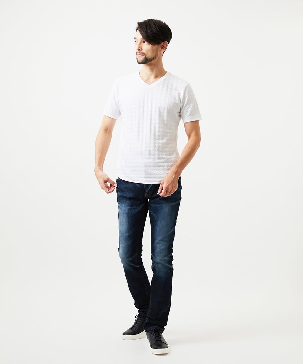 MNKGF60150 MICHEL KLEIN HOMME(ミッシェルクラン オム) 《日本製》千鳥リンクスVネック半袖カットソー ホワイト