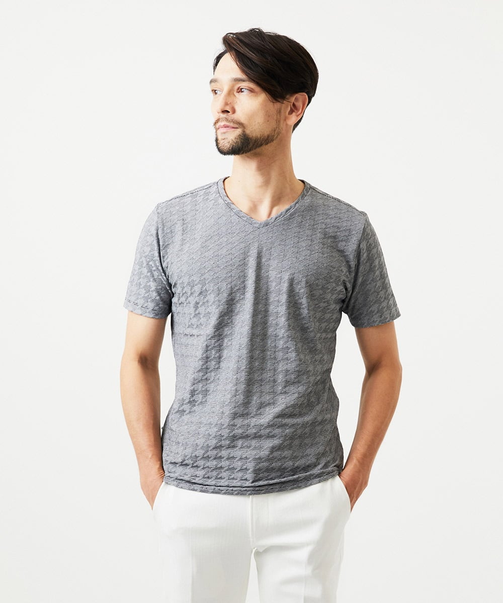 MNKGF60150 MICHEL KLEIN HOMME(ミッシェルクラン オム) 《日本製》千鳥リンクスVネック半袖カットソー ダークグレー