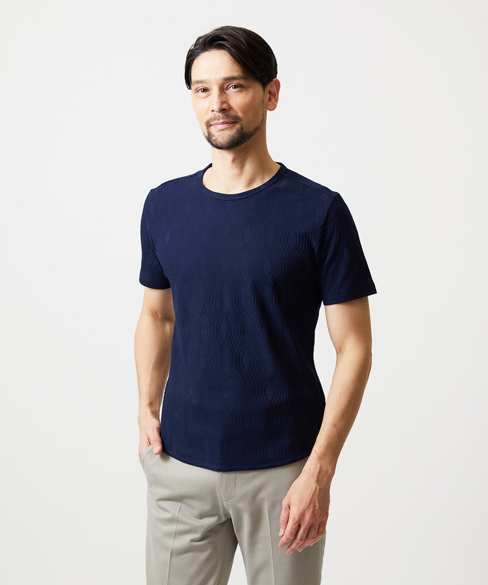 MNKGF61150 MICHEL KLEIN HOMME(ミッシェルクラン オム) 《日本製》スモーク柄クルーネック半袖カットソー ネイビー