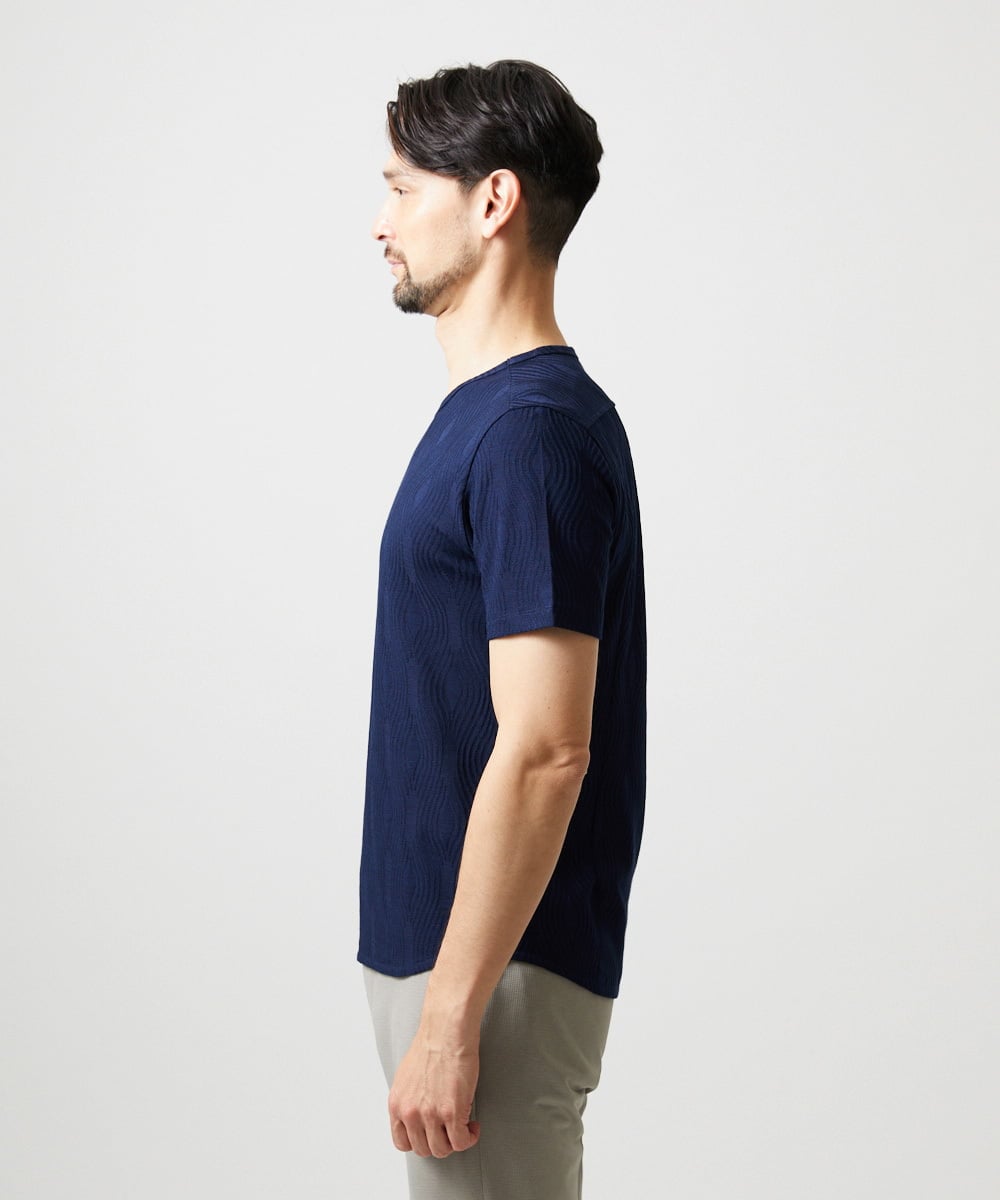 MNKGF61150 MICHEL KLEIN HOMME(ミッシェルクラン オム) 《日本製》スモーク柄クルーネック半袖カットソー ネイビー