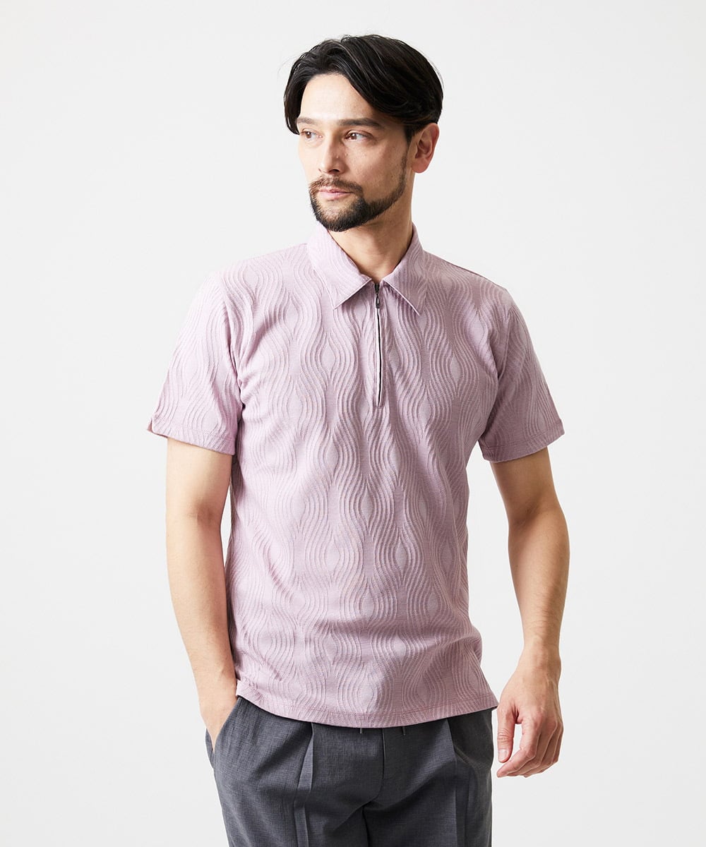 MNKGF62180 MICHEL KLEIN HOMME(ミッシェルクラン オム) 《日本製》スモーク柄ハーフジップ半袖ポロシャツ ピンク