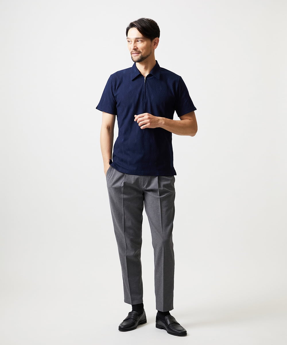 MNKGF62180 MICHEL KLEIN HOMME(ミッシェルクラン オム) 《日本製》スモーク柄ハーフジップ半袖ポロシャツ ネイビー