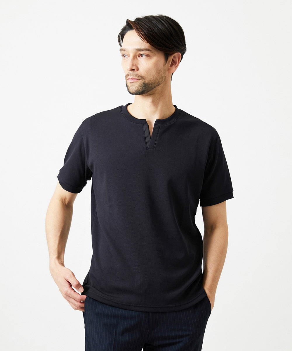 MNKGF64150 MICHEL KLEIN HOMME(ミッシェルクラン オム) 《日本製》キーネック半袖カットソー ブラック