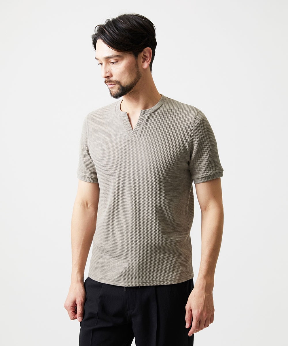 MNKGF76170 MICHEL KLEIN HOMME(ミッシェルクラン オム) キーネックウェーブ半袖カットソー ベージュ