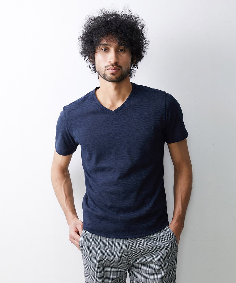 MNKGS11110 MICHEL KLEIN HOMME(ミッシェルクラン オム) 【2023年モデル】格子柄リンクス半袖カットソー ネイビー(56)