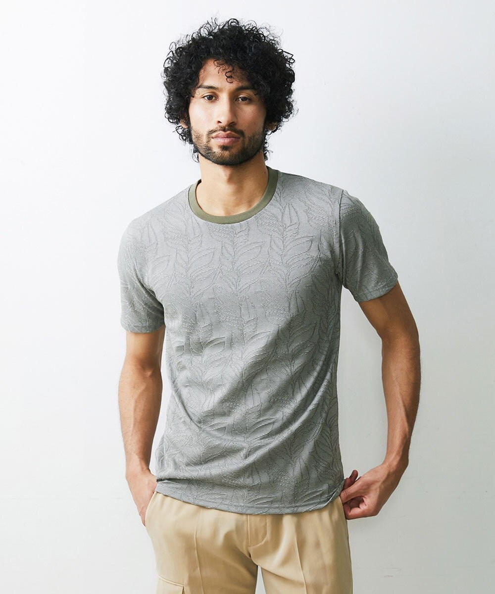 MNKGS13110 MICHEL KLEIN HOMME(ミッシェルクラン オム) 《日本製》ボタニカル柄半袖カットソー カーキ(36)
