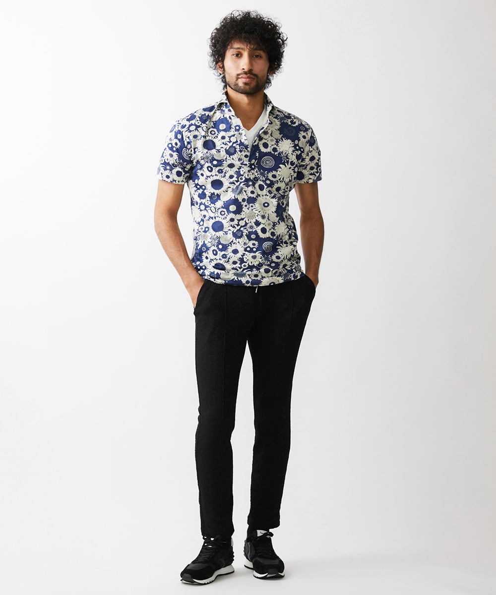 MNKGV51230 MICHEL KLEIN HOMME(ミッシェルクラン オム) 《日本製》フラワー柄半袖ポロシャツ ブルー