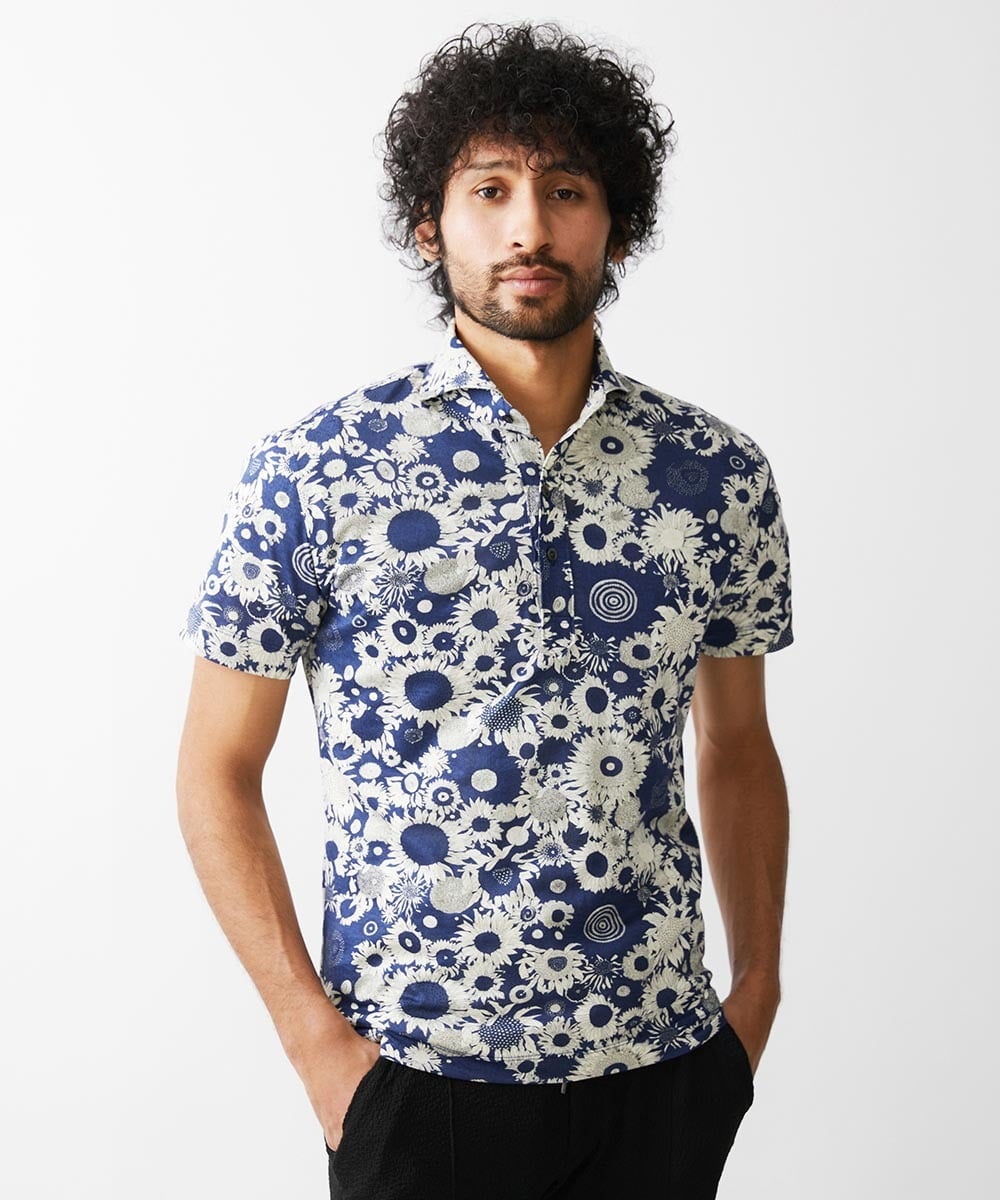 MNKGV51230 MICHEL KLEIN HOMME(ミッシェルクラン オム) 《日本製》フラワー柄半袖ポロシャツ ブルー