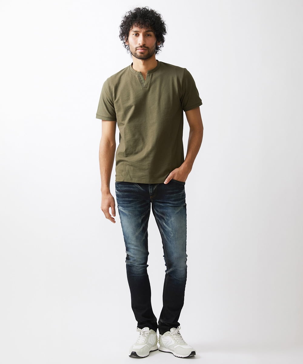 MNKGV56150 MICHEL KLEIN HOMME(ミッシェルクラン オム) 《日本製》チェック柄クルーネック半袖カットソー カーキ(36)