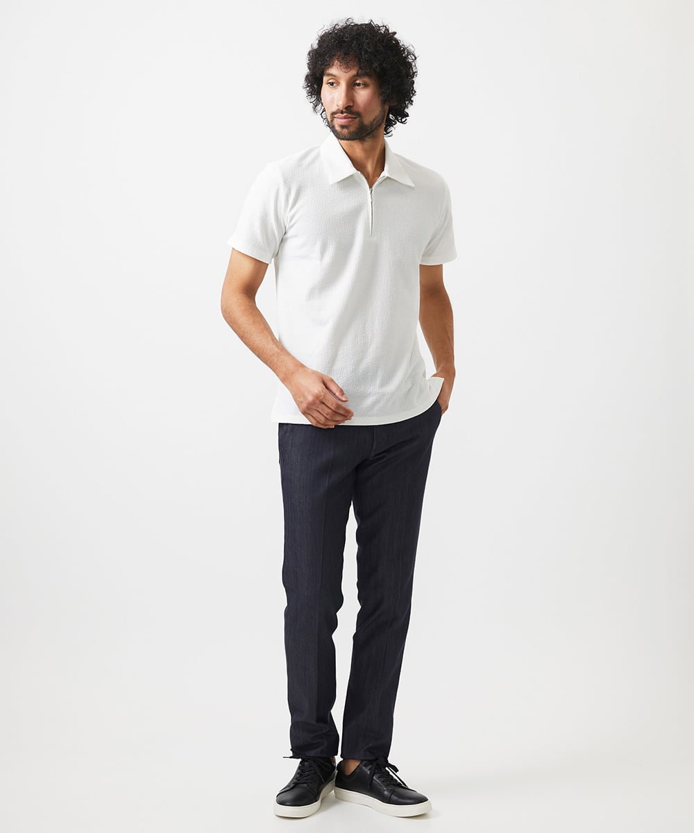 MNKHC62180 MICHEL KLEIN HOMME(ミッシェルクラン オム) 《日本製》モザイク柄ジップアップポロシャツ ホワイト