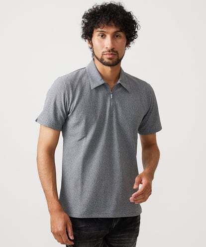 MICHEL KLEIN HOMME(ミッシェルクランオム) 《日本製》モザイク柄ジップアップポロシャツ ダークグレー/灰 46