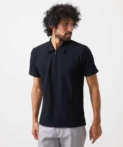 MICHEL KLEIN HOMME(ミッシェルクランオム) 《日本製》モザイク柄ジップアップポロシャツ ブラック/黒 46
