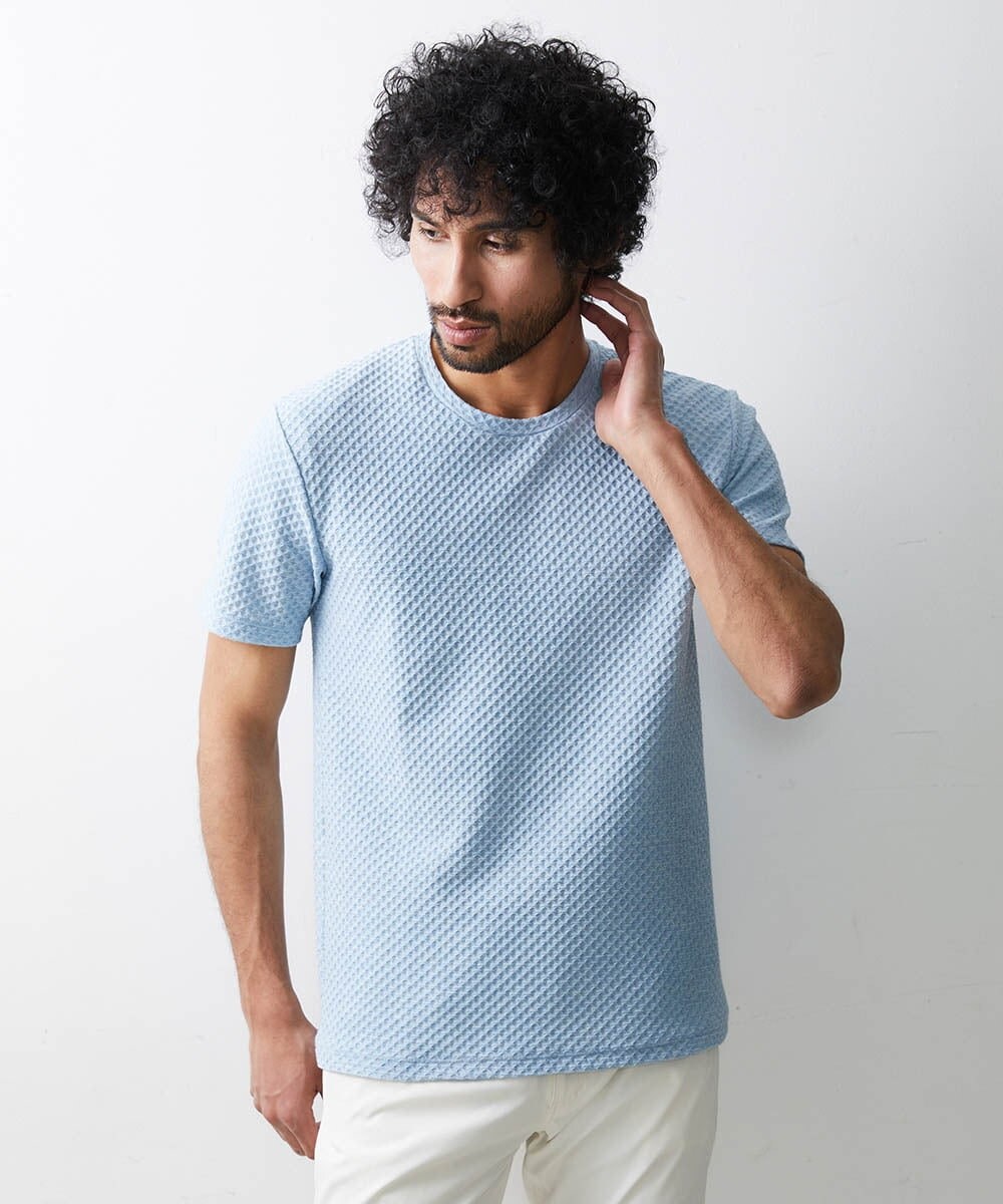 MNKHS14130 MICHEL KLEIN HOMME(ミッシェルクラン オム) 《日本製》幾何柄ジャガードカットソー ライトブルー(50)