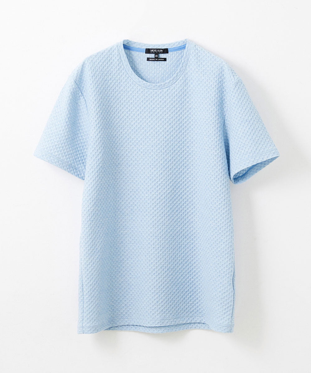 MNKHS14130 MICHEL KLEIN HOMME(ミッシェルクラン オム) 《日本製》幾何柄ジャガードカットソー ライトブルー(50)