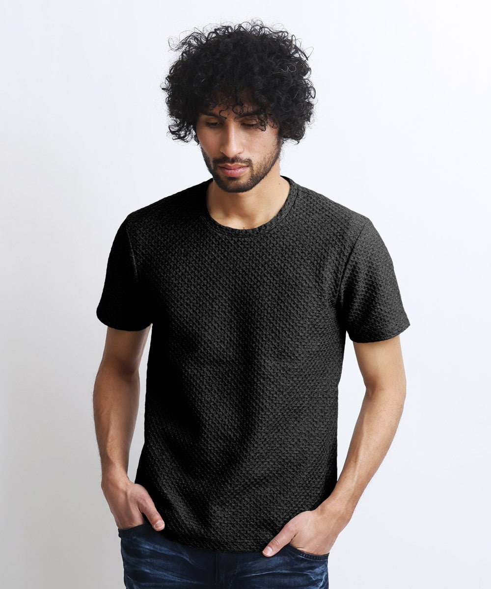 MNKHS14130 MICHEL KLEIN HOMME(ミッシェルクラン オム) 《日本製》幾何柄ジャガードカットソー ブラック
