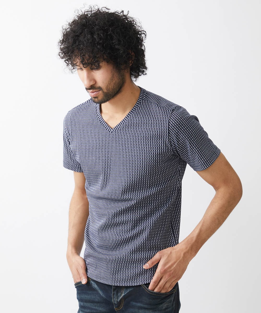 MNKHX71150 MICHEL KLEIN HOMME(ミッシェルクラン オム) 《日本製》立体柄半袖カットソー ネイビー