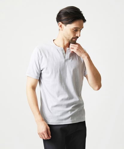 MNKIF53150 MICHEL KLEIN HOMME 《日本製》スモーク柄キーネック半袖カットソー