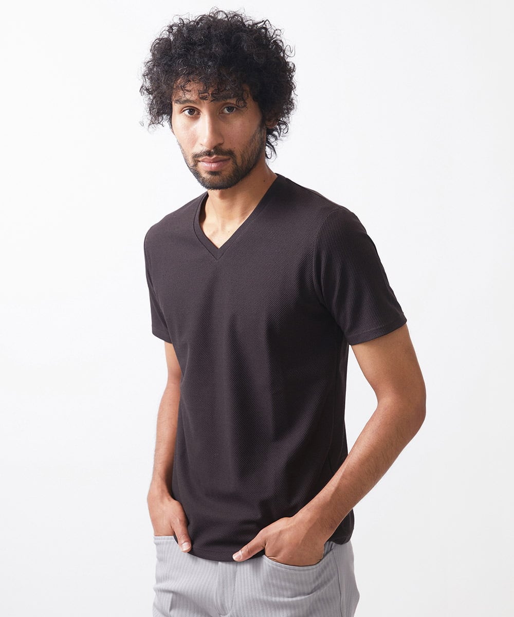 MNKIX59150 MICHEL KLEIN HOMME(ミッシェルクラン オム) 《日本製》ドライタッチVネック半袖カットソー ブラウン