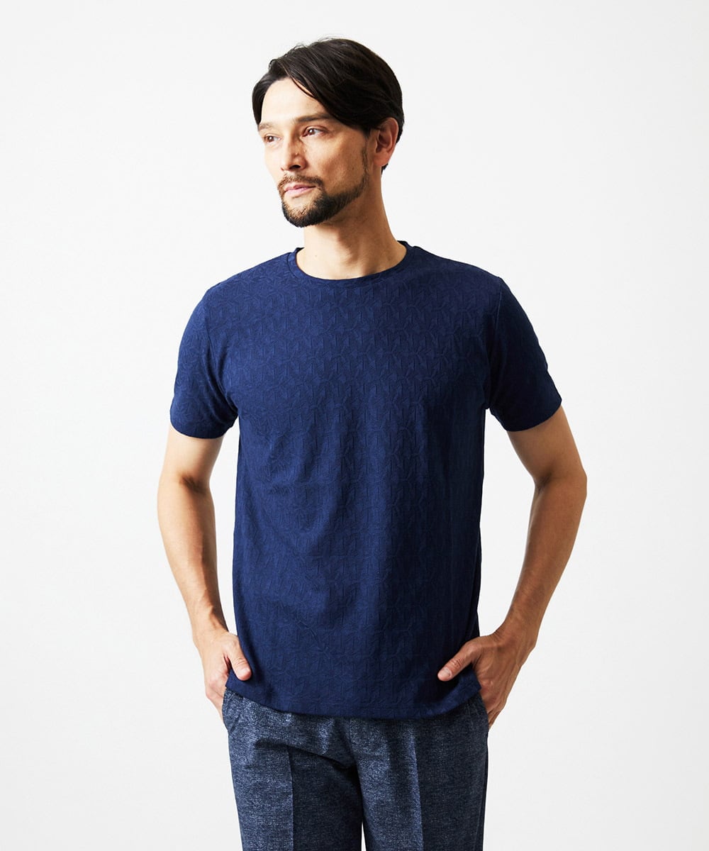 MNKJC73150 MICHEL KLEIN HOMME(ミッシェルクラン オム) 幾何学柄クルーネック半袖カットソー ネイビー