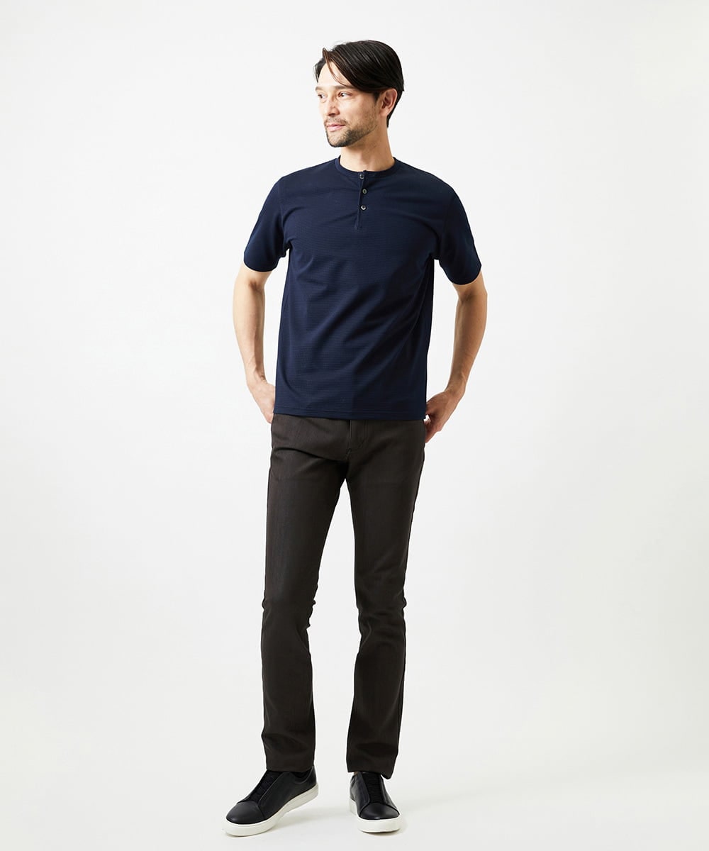 MNKJD71200 MICHEL KLEIN HOMME(ミッシェルクラン オム) 《日本製》ブロックヘンリーネック半袖カットソー ネイビー