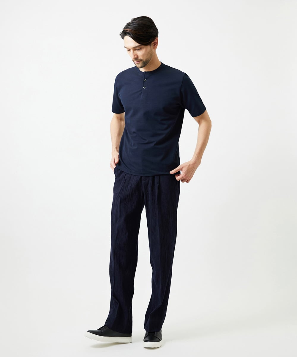 MNKJD71200 MICHEL KLEIN HOMME(ミッシェルクラン オム) 《日本製》ブロックヘンリーネック半袖カットソー ネイビー