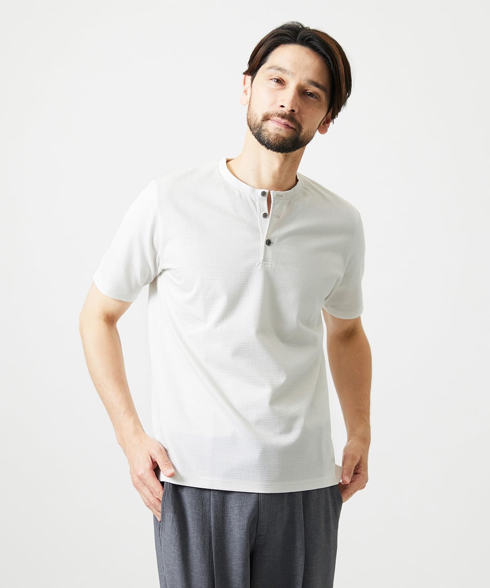 MNKJD71200 MICHEL KLEIN HOMME(ミッシェルクラン オム) 《日本製》ブロックヘンリーネック半袖カットソー アイボリー