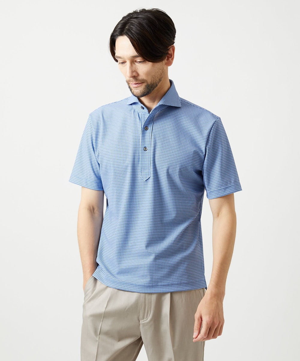 MNKJF70180 MICHEL KLEIN HOMME(ミッシェルクラン オム) 《日本製》チドリ柄半袖ポロシャツ ブルー