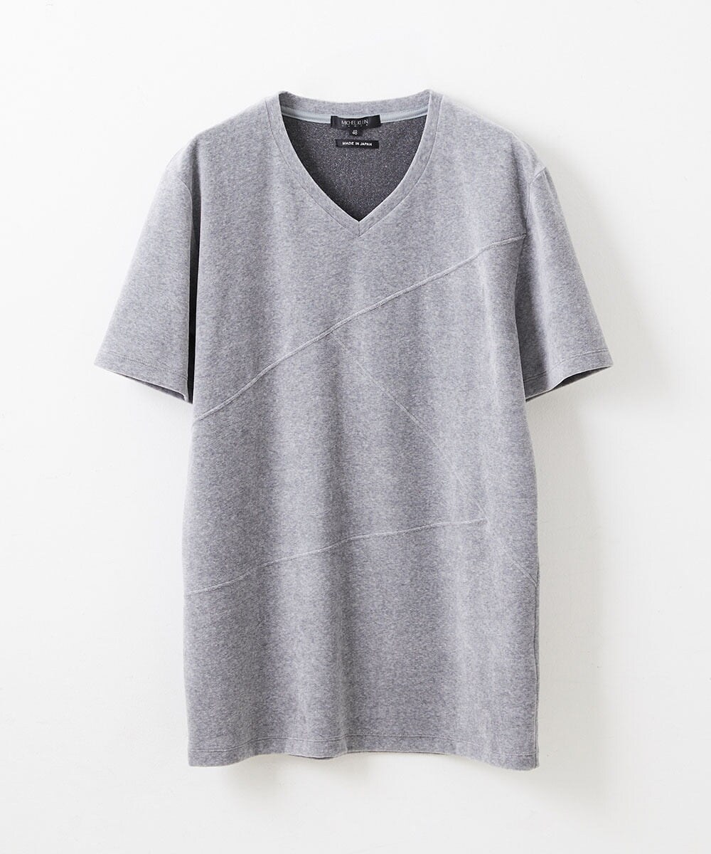MNKJS17130 MICHEL KLEIN HOMME(ミッシェルクラン オム) 《日本製》ベロアVネックカットソー ライトグレー(91)
