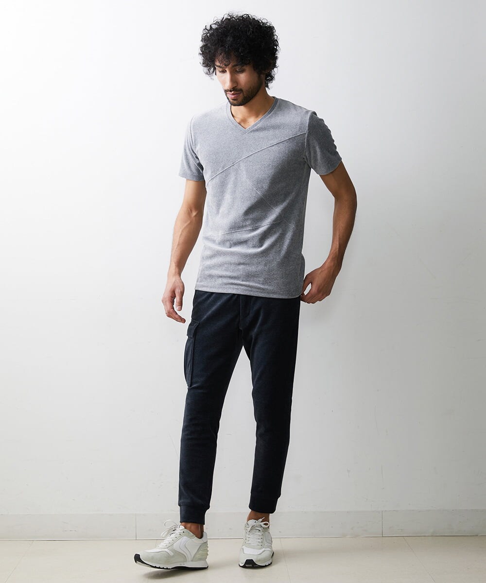 MNKJS17130 MICHEL KLEIN HOMME(ミッシェルクラン オム) 《日本製》ベロアVネックカットソー ライトグレー(91)