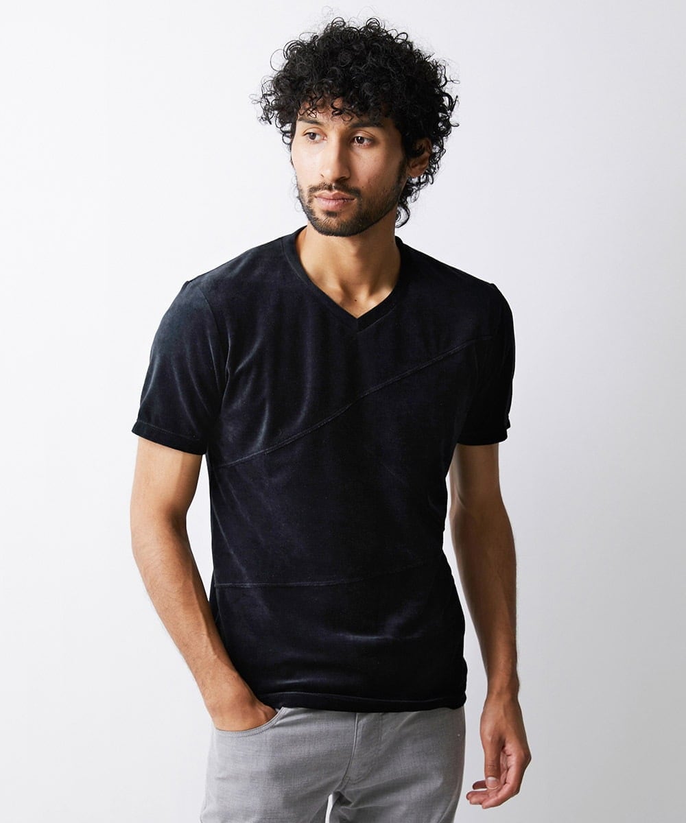 MNKJS17130 MICHEL KLEIN HOMME(ミッシェルクラン オム) 《日本製》ベロアVネックカットソー ブラック(94)