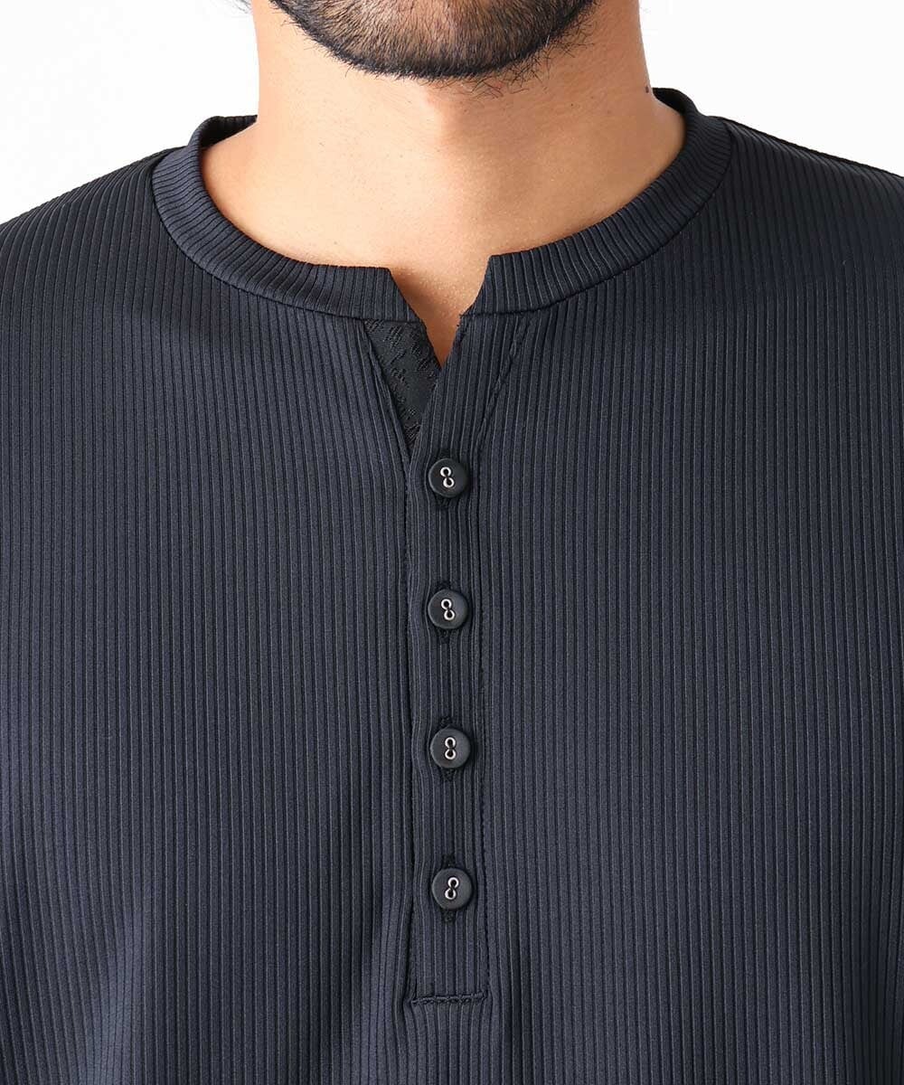 MNKJX54150 MICHEL KLEIN HOMME(ミッシェルクラン オム) ヘンリーネックプリーツ半袖カットソー ブラック